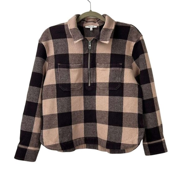 Madewell Women's Medium Waffle Half-Zip Popover Pink Plaid Long Sleeve Shirt - Picture 10 of 16